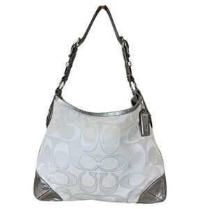 Coach Peyton Silver & White Monogrammed Signature Jacquard Hobo Bag w/ Duster